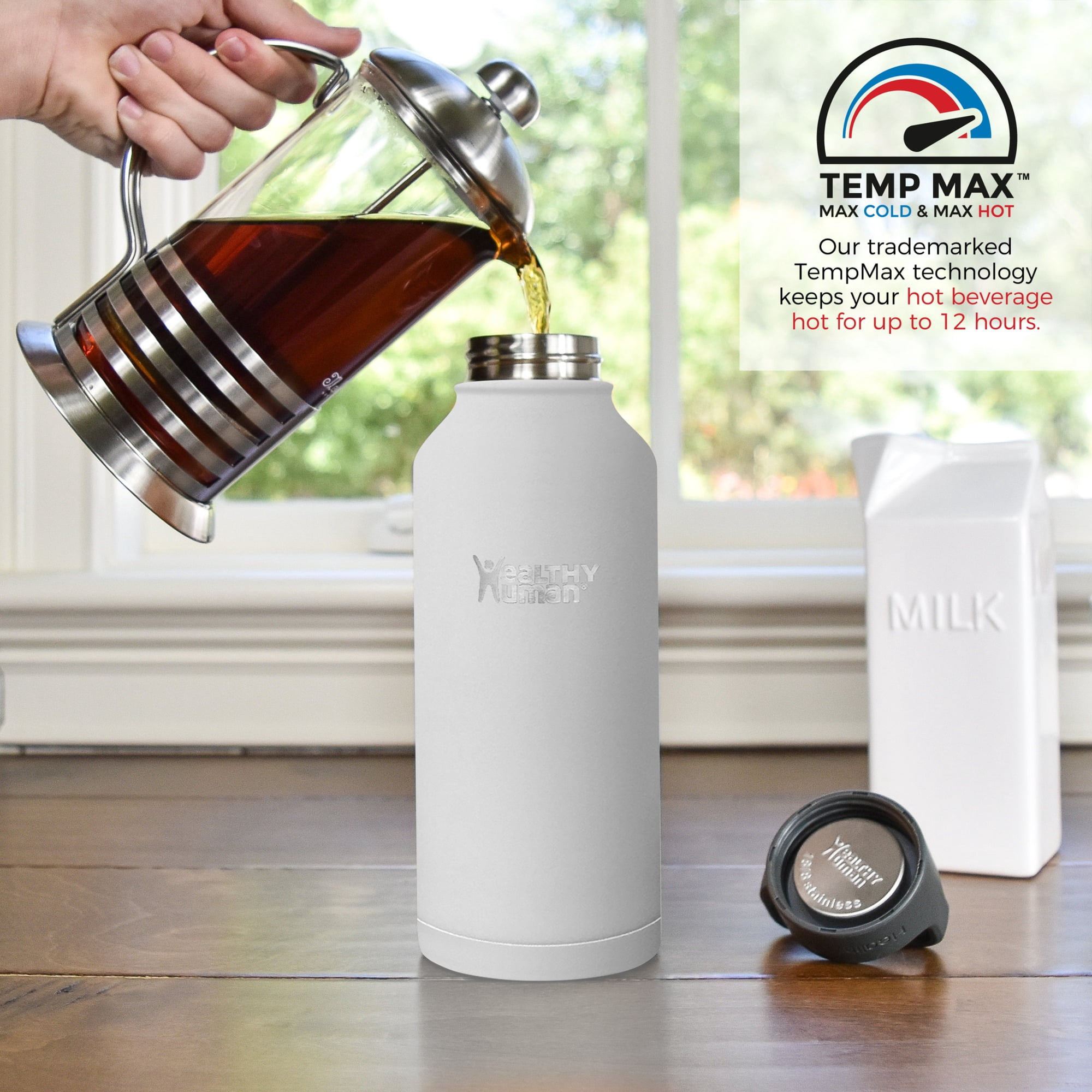 Healthy Human Stainless Steel Water Bottle | Double Walled Vacuum Insulated Water Thermos for Adults | Eco-Friendly Travel Bottles with Leak Proof Lid (Pure White, 32 oz/ 946 ML)