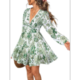 thumbnail image 2 of Robe d'Automne pour Femmes Col en V Manches Longues Taille Élastique Style Bohème Plage Resort Robe d'Été Mini Florale Verte TG, 2 of 10