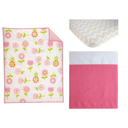 Retro Circles Crib Bedding - Little Bedding by Nojo Reversible Floral Fusion/Pink with Circles Print 3-Piece Crib Bedding Set