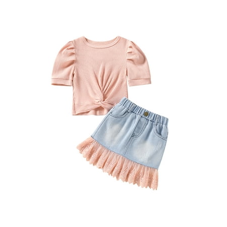 

Suanret Kids Little Girls Casual Skirt Suit Short Sleeve Knotted Ribbed Tops + Spliced Lace-edged Denim Skirt Pink 6-7 Years