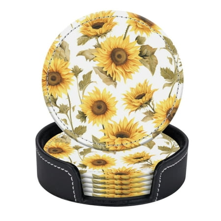 

PU Leather Coasters for Drinks Bar Beer Set of 6 with Holder Round Housewarming Gift Sunflowers In The Style Of Watercolor On White Background
