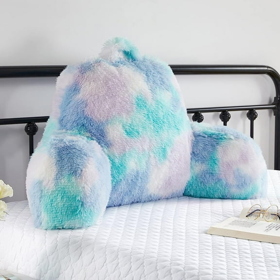 Aqua Blue Faux Fur Reading Pillow - Ergonomic Arm Support Bed Rest Cushion