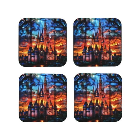 

Leather Coasters Set of 4 - Magical Stained Glass Castle Lightweight Non-Slip Drink Coasters for Desk Anti-Scalding Desk Cup Coasters for Office Table Decor Square
