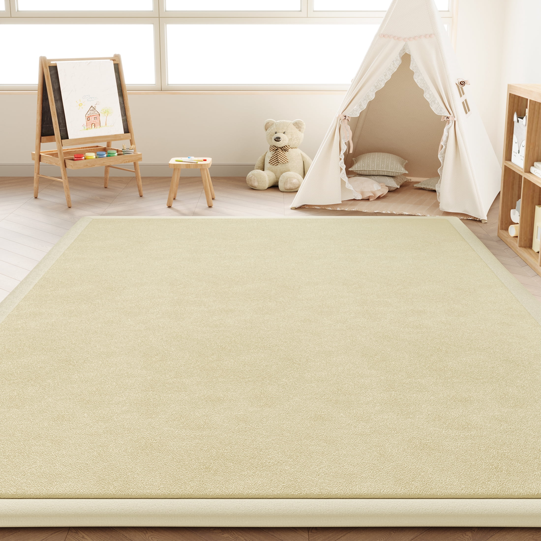 Loartee Baby Play Mat for Floor - 59" x 59" Non-Slip Coral Velvet Memory Foam Nursery Crawling 1.18" Thick Rug for Babies, Toddlers, Infants, Kids, Beige