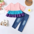 thumbnail image 3 of Infant Baby Girls Clothes Baby Girls Outfits Ruffle Short Sleeve Stripe Top Jeans Pants 2PCS Girls Denim Clothing Set Pink 6-12 Months, 3 of 8