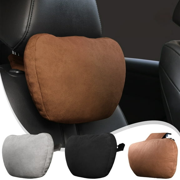 Car Headrest Pillow Leather Velvet Ergonomic Neck Lumbar Support Cushion • High-Density Memory Foam • Breathable • Precision Stitching • Fits Most Cars SUVs • 27x18x8cm Brown Gray