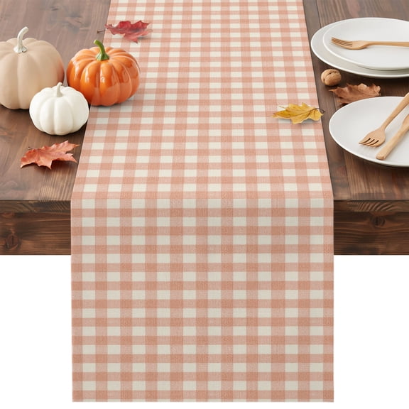 Peach Pink Plaid Table Runner - 70 Inch Long Gingham Checked Minimalist Modern Cotton and Linen Blended Dress Scarves Farmhouse Table Runner for Kitchen Dining, Coffee Table, 13" x 70"