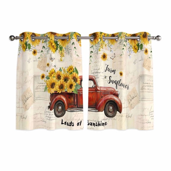 Sunflower Truck Kitchen Curtains Window Panels, Yellow Floral Summer Botanical Elegant Pastoral Insulated Window Treatment Curtain, Grommet Curtains for Bedroom/Living Room, 2 Piece 52"Wx45"L