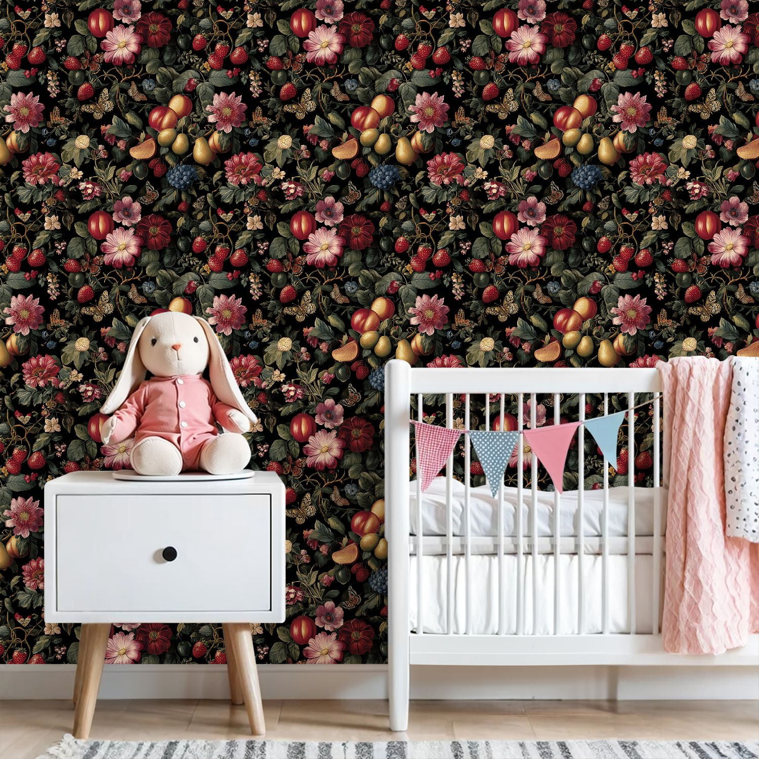 Peel and Stick Wallpaper Floral Botanical Vintage Flowers Fruits Butterflies Dark Wall Mural 23.6in x 9.8ft Self Adhesive Removable Wall Paper Renter Friendly Wallpaper for Nursery Bedroom Cabinets