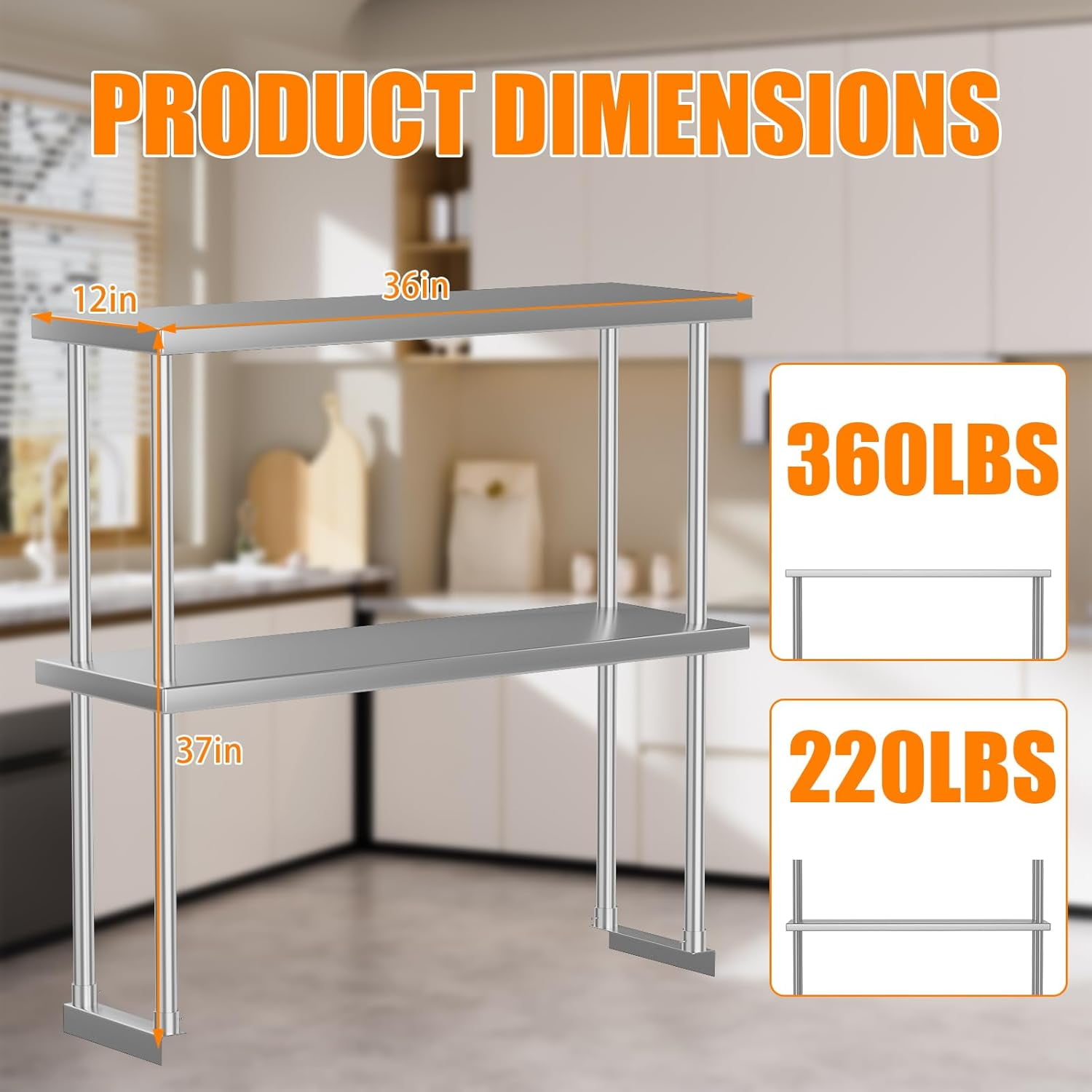 Stainless Steel Double Overshelf, Commercial 2-Tier Adjustable Shelves, Double Deck Overshelf for Prep & Work Table In Restaurant, Kitchen and Home, 12" x 36"