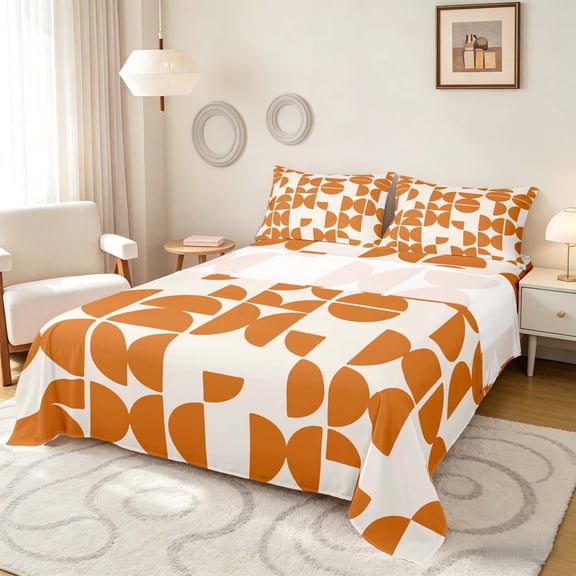 Manfei Mid-Century Geometric Queen Sheets, Orange Semicircle Queen Sheet Sets, Orange Cream, Reversible 4-Piece1 Flat Sheet 1 Fitted Sheet 2 Pillowcases