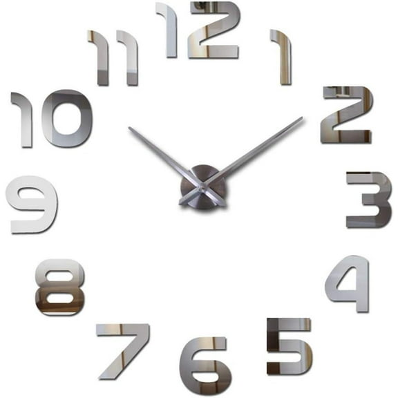 3D Creative Numerals Frameless Wall Clock Stickers, DIY Modern Decorative Clocks for Living Room, Bedroom, Office - Easy to Install, Large 3D Clock Design (Silver,27in)