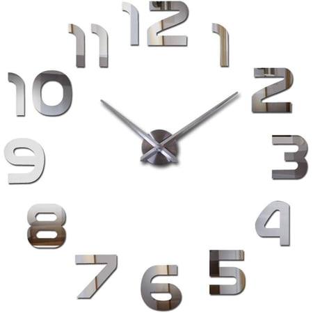 3D Creative Numerals Frameless Wall Clock Stickers, DIY Modern Decorative Clocks for Living Room, Bedroom, Office - Easy to Install, Large 3D Clock Design (Silver,27in)