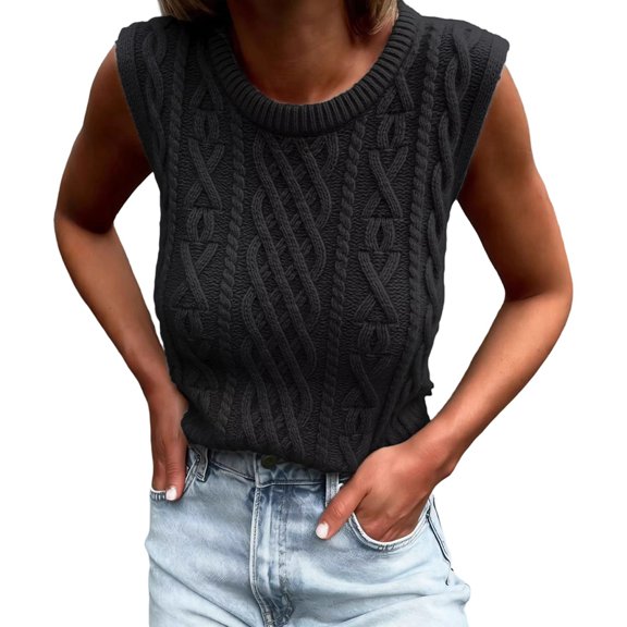 Summer Knit Tank Top for Women - Lazy Round Neck Sleeveless Fashion Shirt Black S