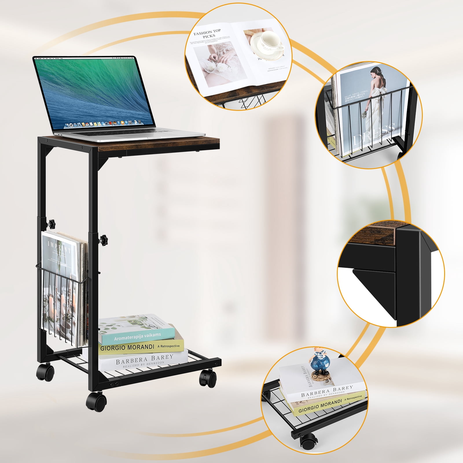 Height‑Adjustable C‑Shaped Side Table with Storage Basket, Rolling Sofa End Table, 2‑Pack