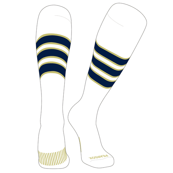 PEAR SOX Striped OTC Baseball, Softball, Football Socks (C) White, Vegas Gold, Navy (XS)