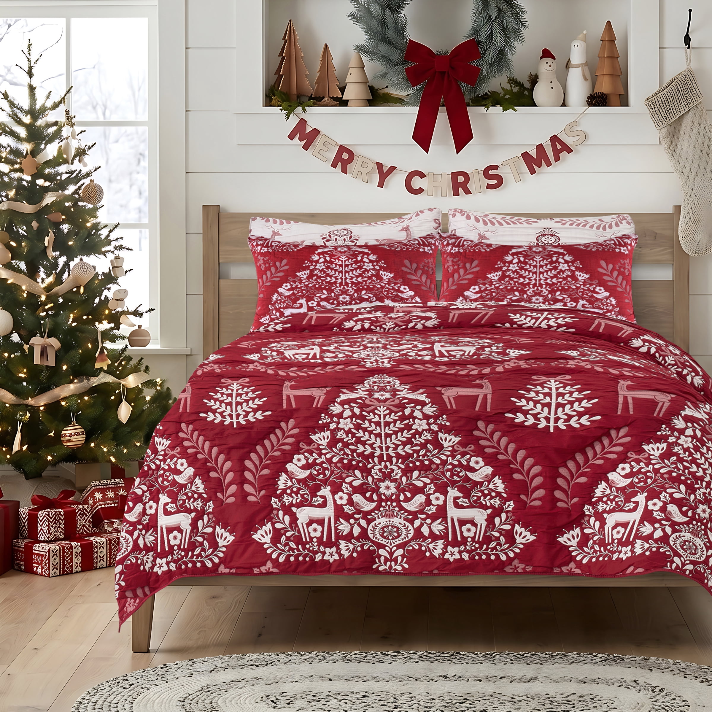 Greenland Home Noella Red Holiday Reversible Coverlet Set, 3-Piece King, for Adults