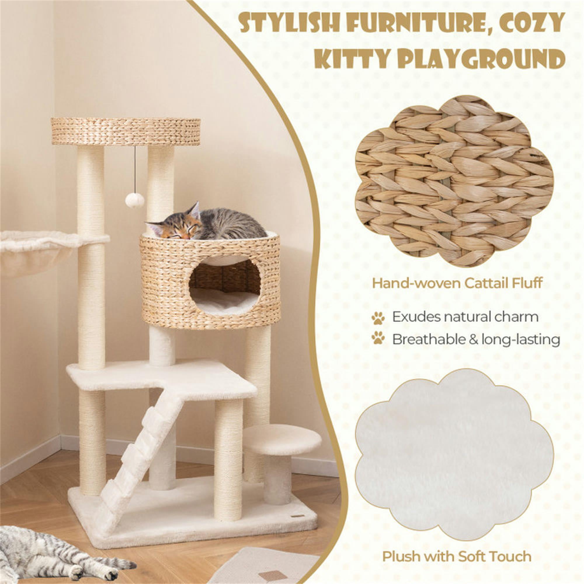 Kadyn 50" Tall Modern Cat Tree for Indoor Cats with Scratching Posts, Hand-Woven Condo and Top Perch, Cat Tower for Kittens Climb Play, White