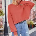thumbnail image 4 of Byworldtasic Womens Sweaters Womens Fall Cropped Sweater Casual Long Sleeve Crew Neck Side Slit Ribbed Knit Pullover Sweater Crop Tops Watermelon Red, 4 of 9