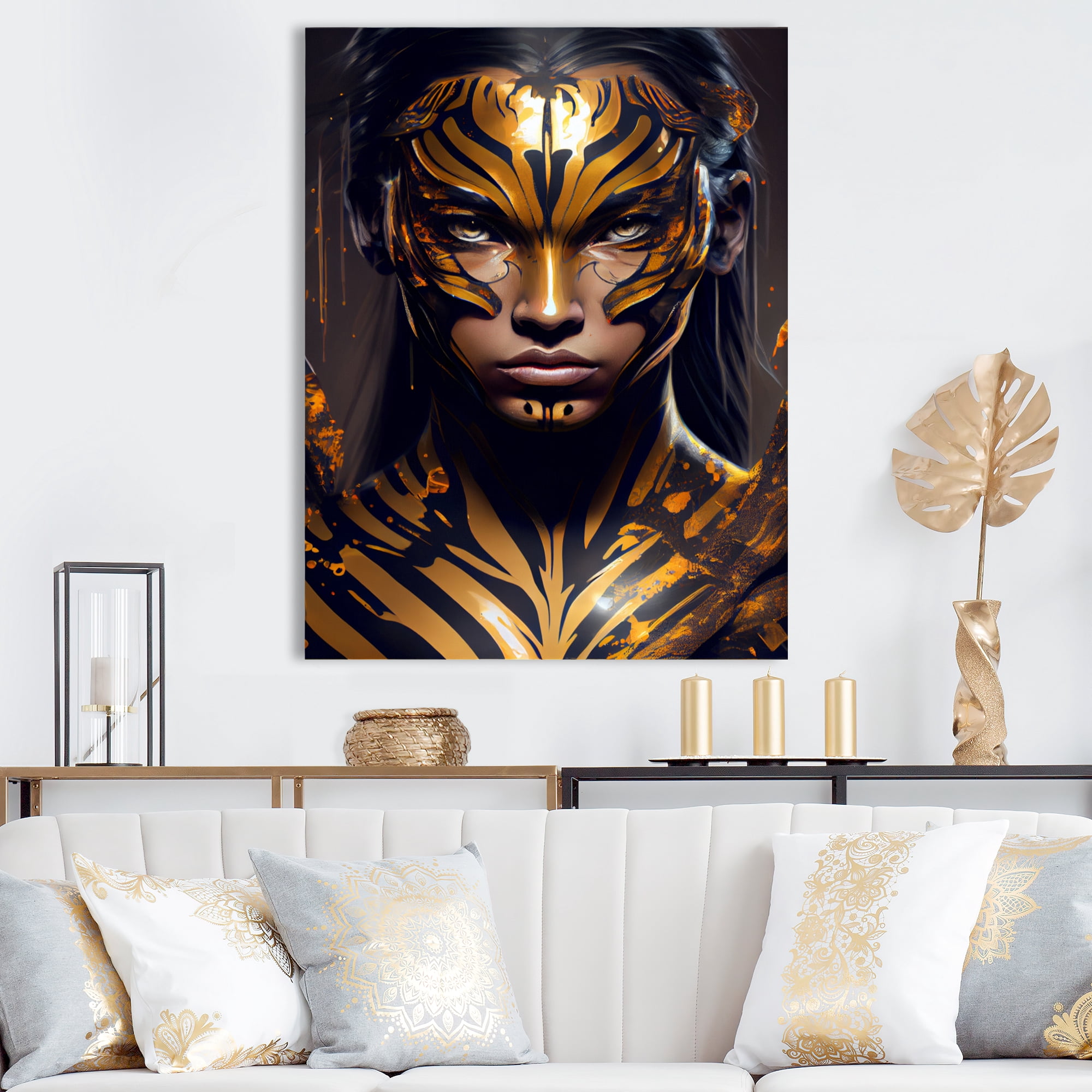 Designart Black And Gold Tiger Woman VI Canvas Wall Art
