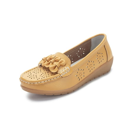 

UKAP Women Loafers Comfort Flats Slip On Moccasins Vintage Casual Shoes Womens Nurse Shoe Driving Classic Yellow-Hollow out 7.5