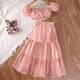thumbnail image 3 of Gibobby faldas largas de mujer casuales niñas y niños pequeños, blusa de manga corta de burbuja, conjunto de falda sólida, 2 uds.(Rosa, 5-6 Años), 3 of 4