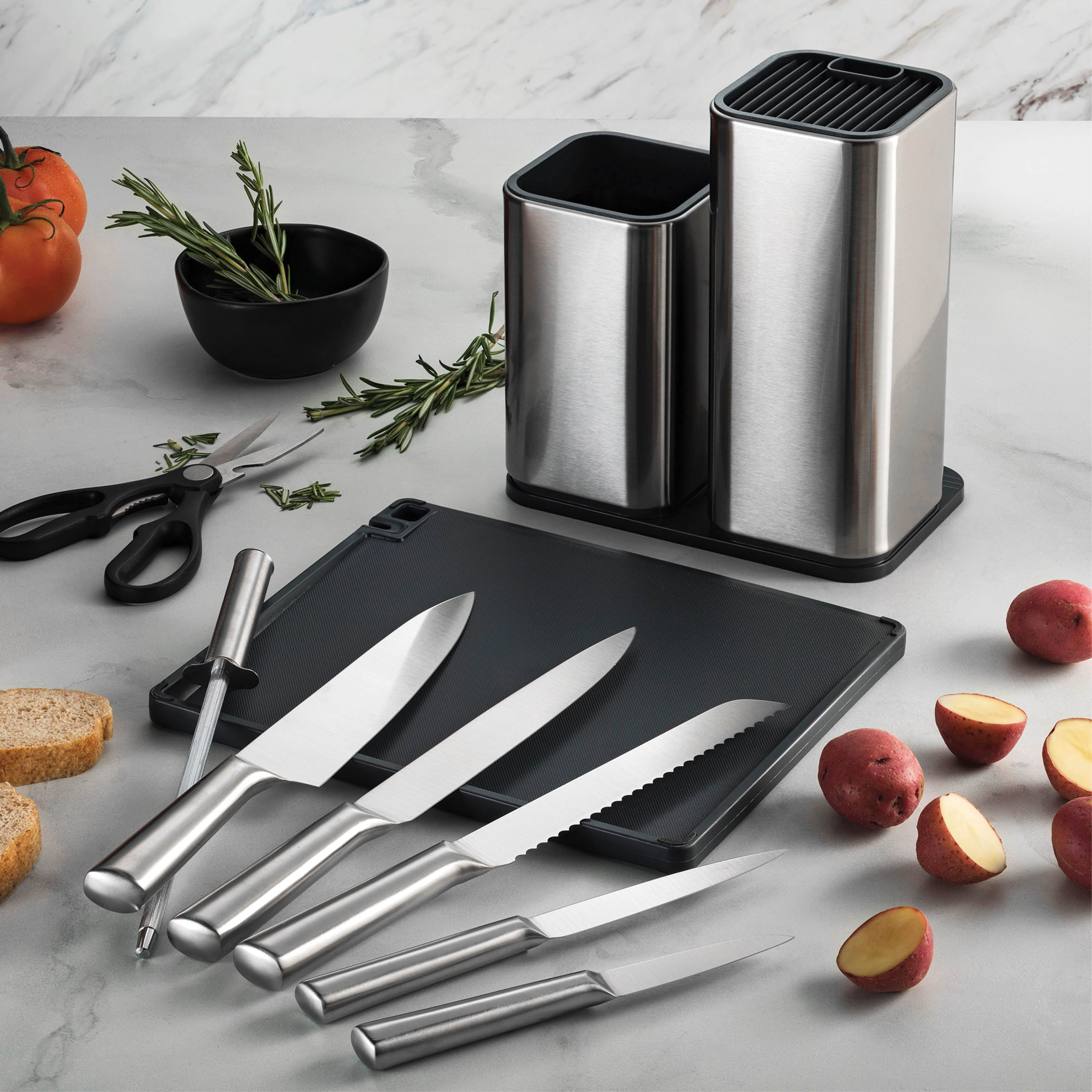 Kitajun Smart Kitchen Knife Set with holder German Stainless Steel 6 Knives  Built in sharpening rod 