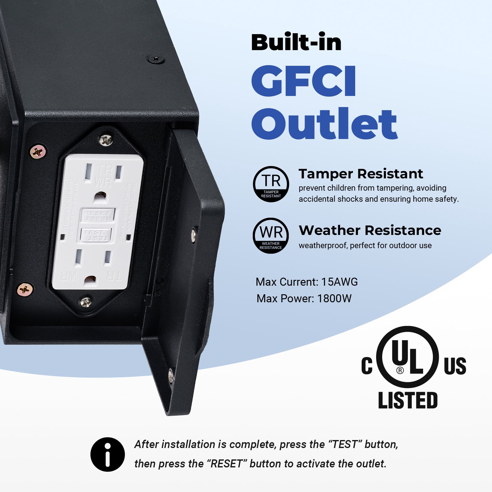Gleamz Black Dusk to Dawn Outdoor Lighting with GFCI Outlet, Waterproof Anti-rust Exterior Light Fixtures with Outlet, 9" Outside Lights for House, Proch, Patio