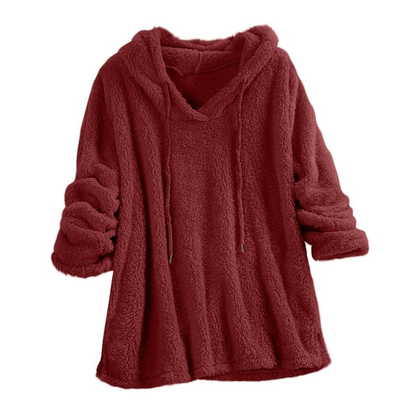 Women's Fuzzy Fleece Hoodies Solid Colour Sweatshirt with Drawstring Long Sleeve Casual Slit Top Claret