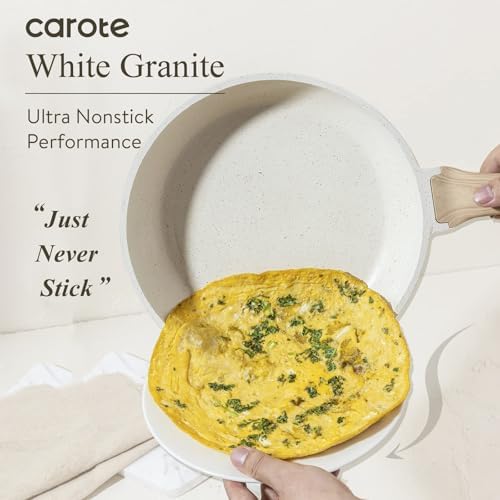 Non Stick Frying Pan Skillet, Omelet Pan, Healthy Non Toxic Granite Chef Pan, Induction Compatible Egg Frying Pan with Heat-Resistant Handle, PFOA-Free, Cream White, 12"