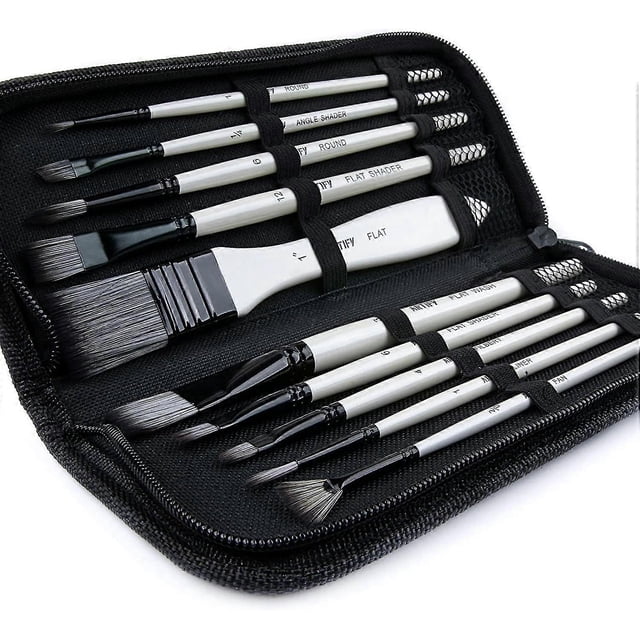 Set of 10 pig hair brushes with carrying case for oil painting, watercolor and gouache for children
