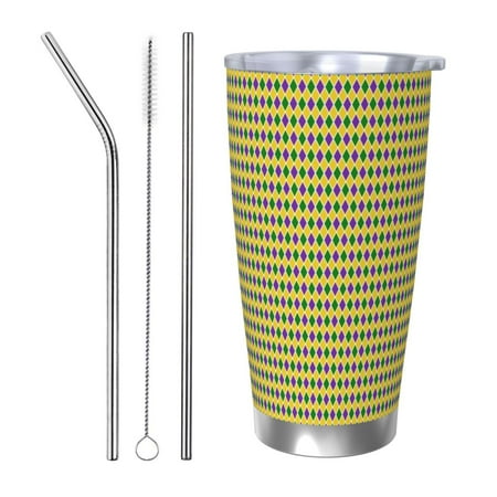 

Lukts Mardi Gras Purple Yellow Plaid for 20OZ Car Cup Stainless Steel Direct Drinking Straw Thermos Cup Suitable for Office Travel and Car-Straw Three-piece Set