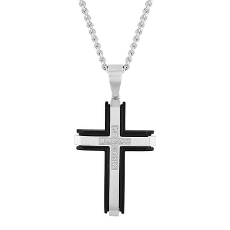 Mens 1/4 ctw Lab-Grown Diamond Two-Tone Stainless Steel Cross Pendant Necklace