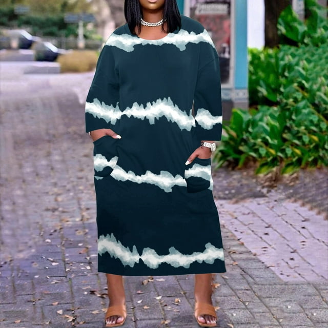 Gspmoly Robes Grande Taille pour Femmes aux Formes, Robe Grande Taille pour Femmes à Col Rond, Robes d'Été Décontractées avec Poche, Manches Longues Jusqu'au Genou avec Poches, Robes de Travail pour Femmes jusqu'à 70 % de Rabais