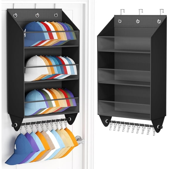 Over the Door Hat Rack - 3-Layer Design Hat Organizer Holds 30-36 Hats with 10 Hooks, Ideal Hat Rack for Door, Over the Door Organizer for Closet, Apartment, Bedroom, Dorm, 1 Pack, Black