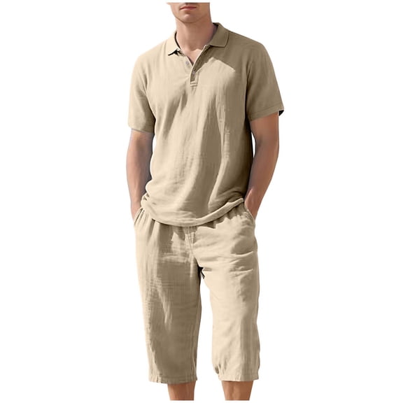 Makaor Linen Sets for Men Big and Tall 2 Piece Solid Color Matching Sets Beach Summer Outfits Short Sleeve T Shirts Drawstring Capri Pants Trendy Vacation Clothes