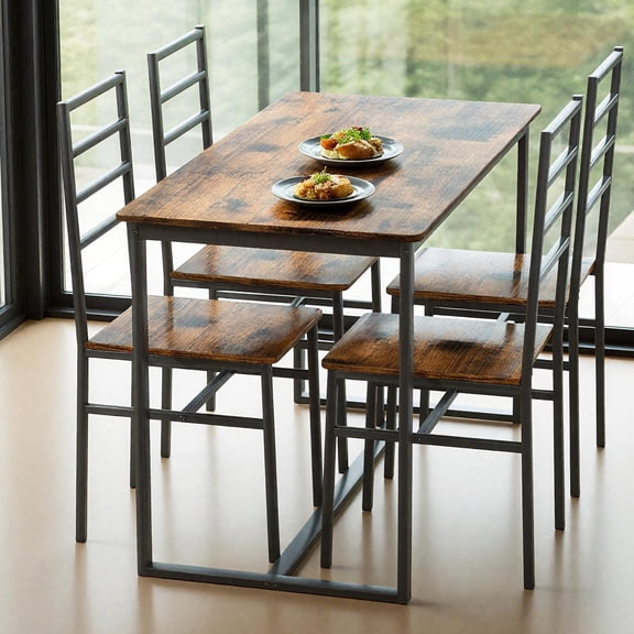 Dining Table Set 5-Piece Kitchen Table and Chairs Table Set for 4, Modern Set with Matte Black Iron Frame and MDF Top, for Dining Room and Small Spaces, Dark Walnut