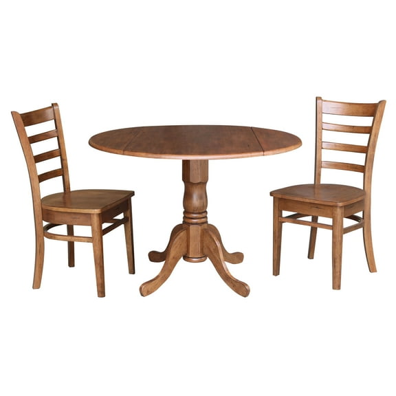 42" Solid Wood Dual Drop Leaf Pedestal Dining Table With 2 Emily Side Chairs in Distressed Oak by International Concepts