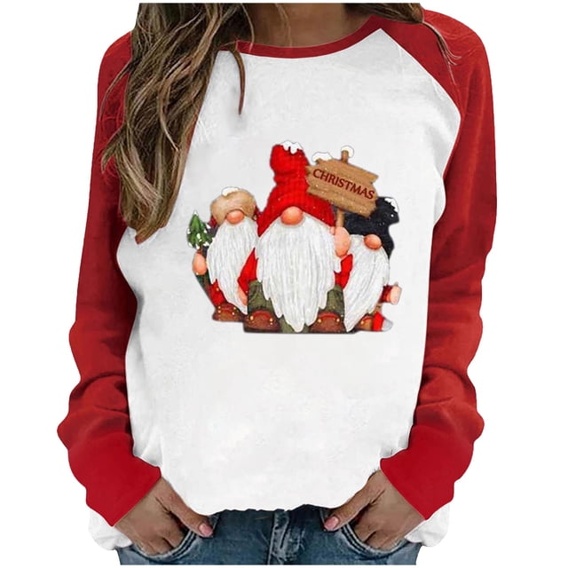 RKSTN Sweat-Shirt pour Femmes Noël Col Rond Imprimé Père Noël Manches Longues Blouse Régulière