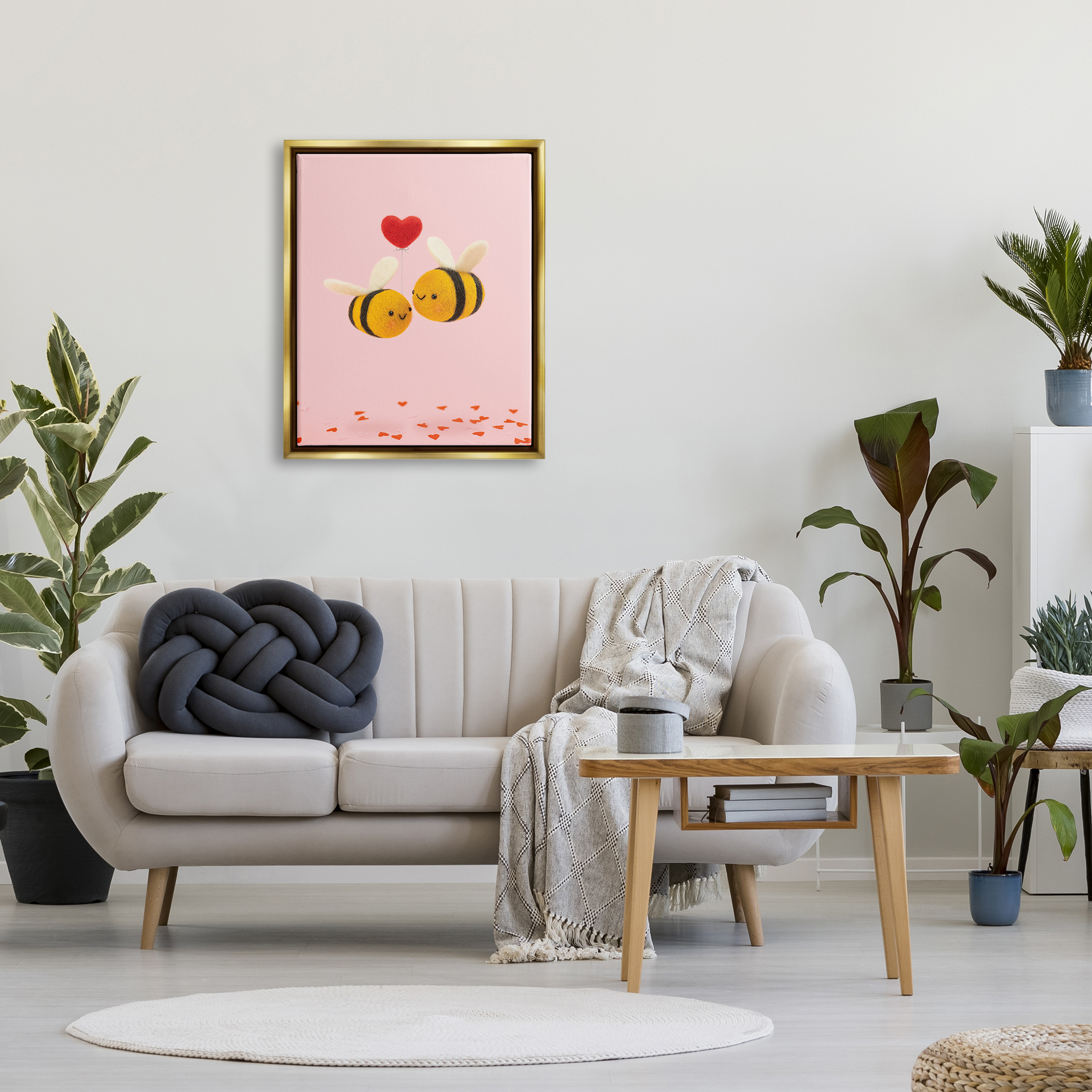 Stupell Industries Romantic Bumblebees Pink Hearts Holiday Photography Gold Floater Framed Art Print Wall Art