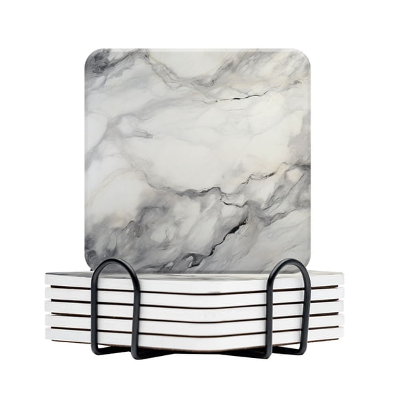 BaHomeck Drink Coasters Set Of 6 With Holder Marble Texture On White Background With Gray And Black Lines Water Absorbent Ceramic Coasters Tabletop Protection,Suitable For Various Cup,Home Decor