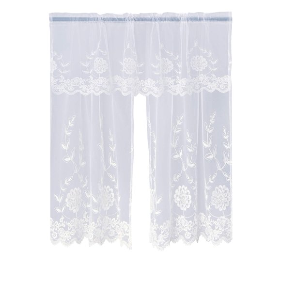 Violet Linen Royalty Decorative Embroidered Sheer Lace Floral Design, 3 Piece Kitchen Curtain Set, Ivory