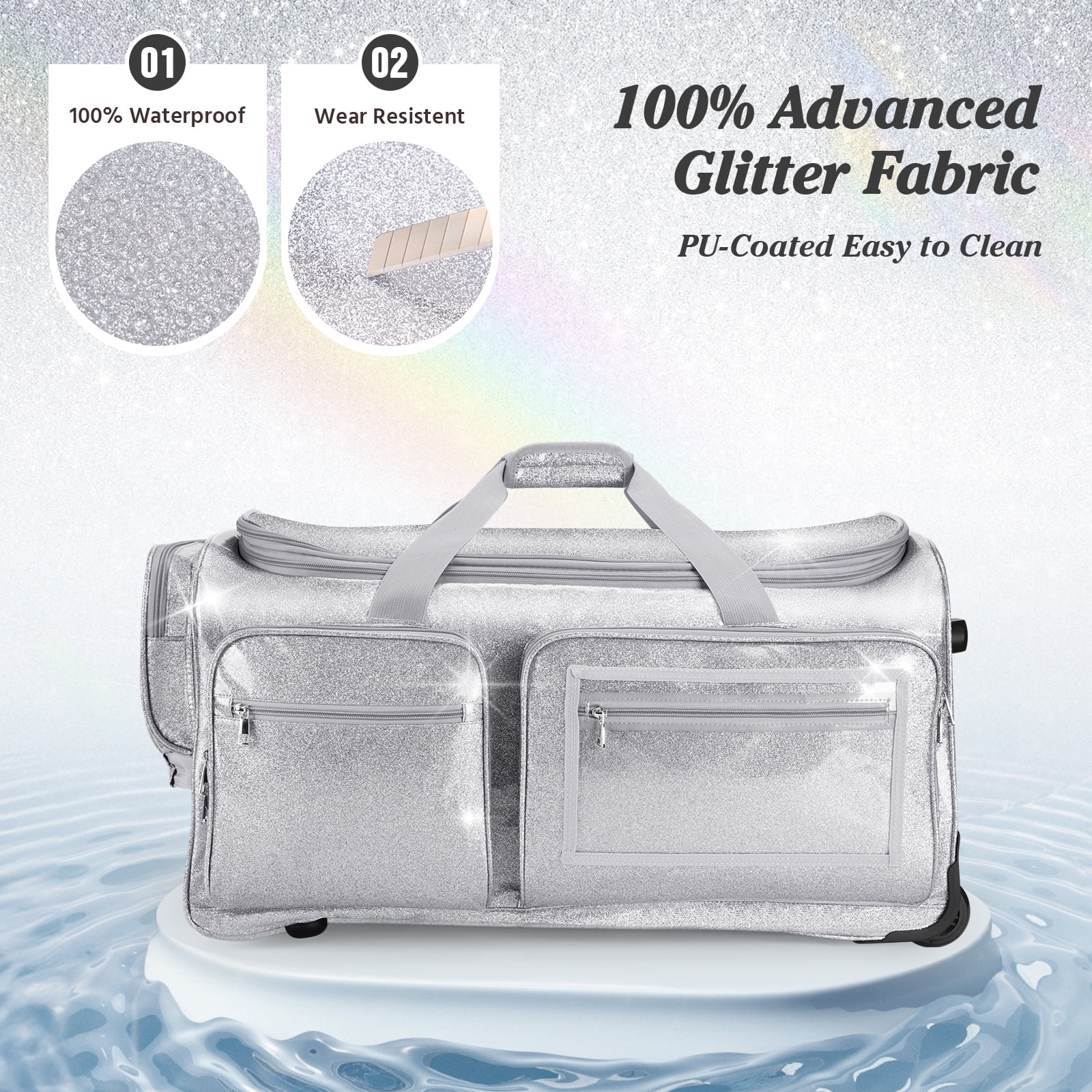 Dance Bag with Garment Rack, Glitter Silver 28" Dance Competition Must Haves Garment Bags for Travel, Costumes Rolling Garment Bag For Travel Collapsible Suitcase for Dancers Performers Recital