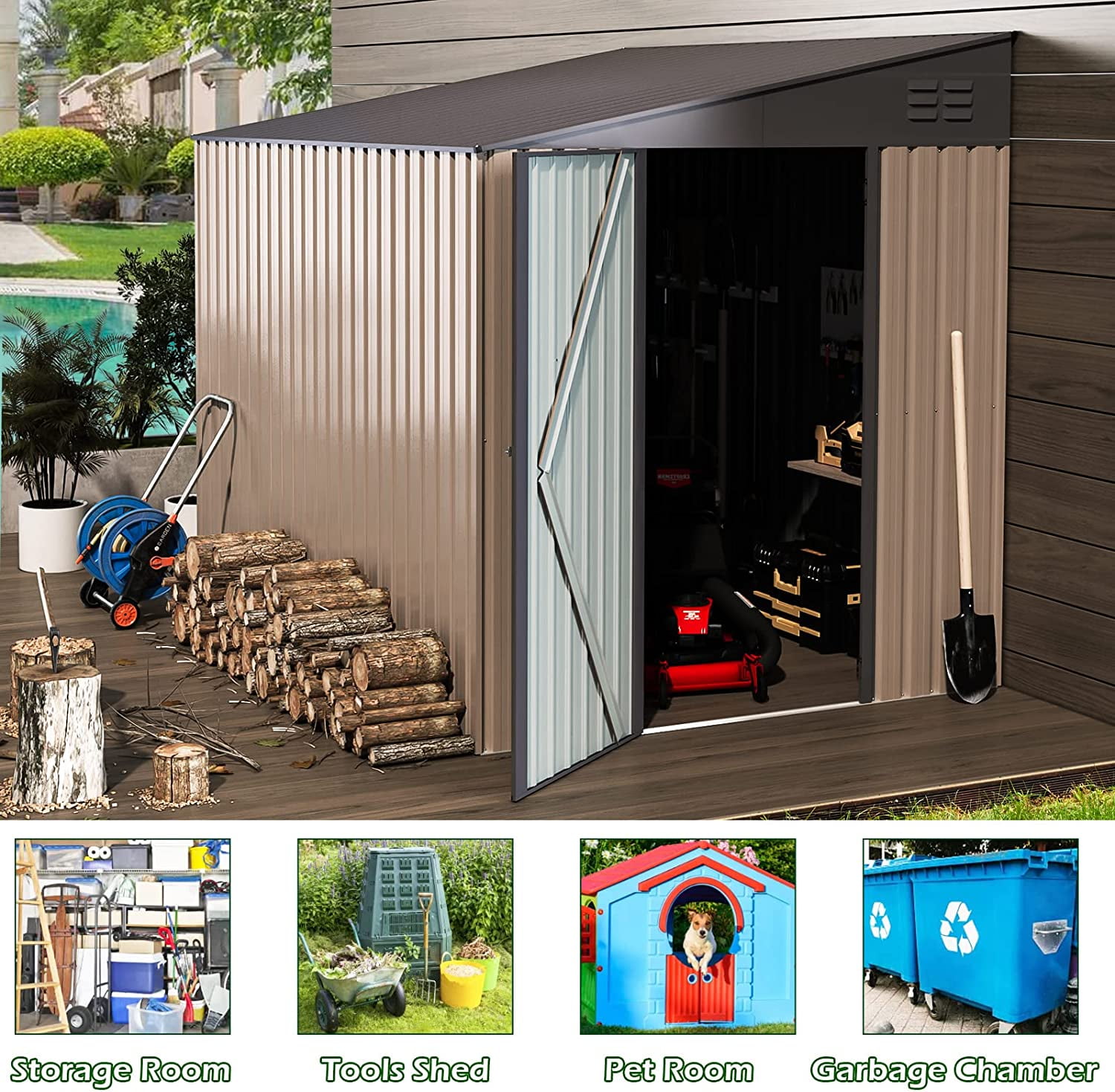 YODOLLA 8' x 6' Outdoor Storage Side Shed Metal Attached Lean-to Shed Galvanized Storage Building for Backyard in Brown