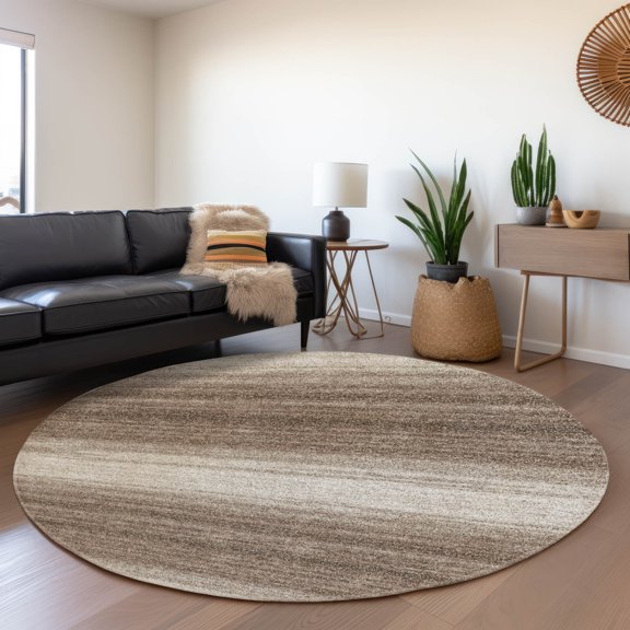 Addison Rugs Mayfield Premium Machine Washable Transitional Stripes Brown Round Rug, 8' x 8'