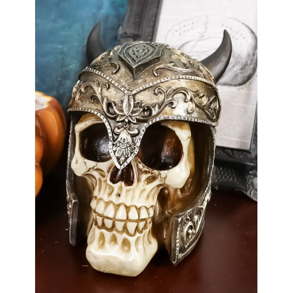 Viking Chieftain Warlord Odin Skull Figurine With Bull Horned Helmet Skeleton
