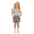 thumbnail image 2 of Toddler Girl Outfits 2 Piece Solid Print Crew Neck Sleeveless One Shoulder Ruffle Crop Top And Shorts for Summer Play Baby Girls' Clothing Sets Blue 6-7 Years, 2 of 8