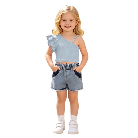 RMGVDSD Little Girl 2 Piece Outfits Toddler Girls Summer Outfits Sleeveless Ruffle T-Shirt Ribbed Tops Denim Shorts Set Kids Casual Clothing 3-4 Years