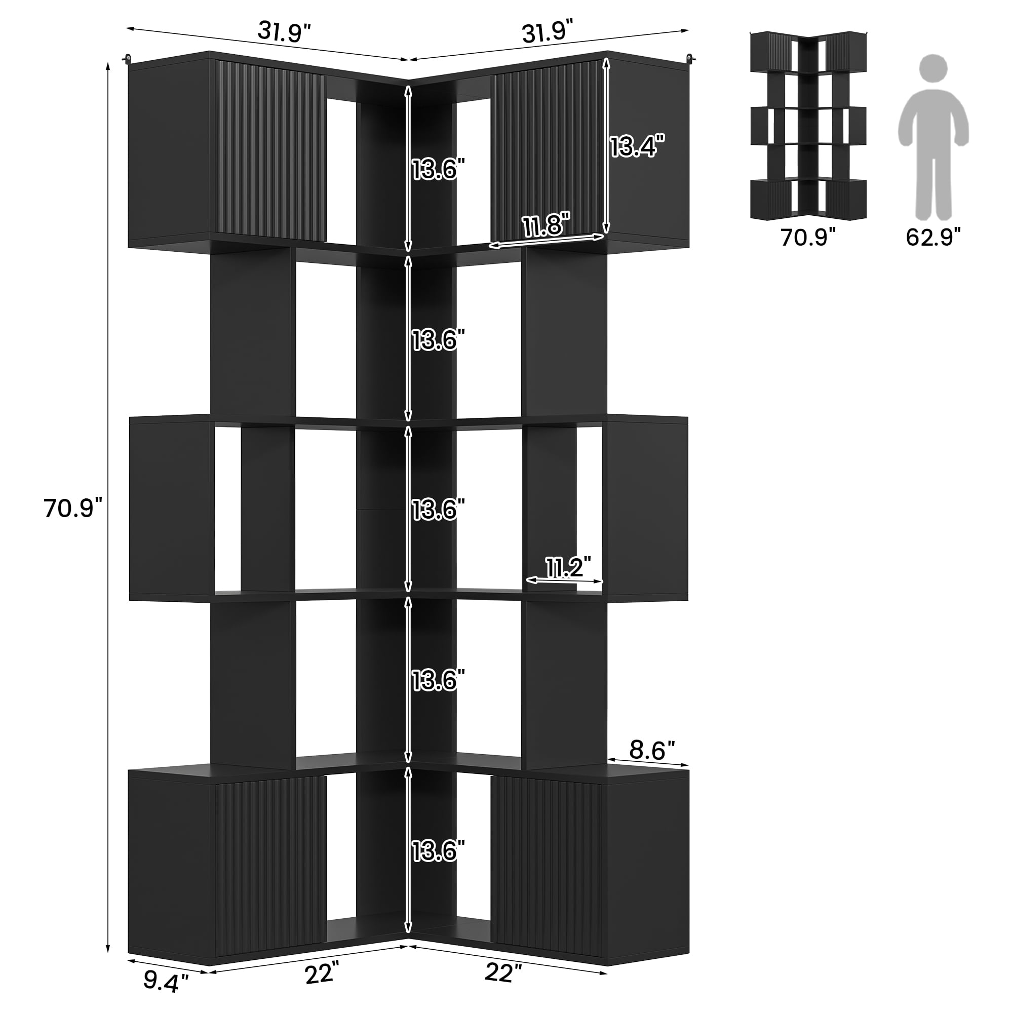 ModFurne 71 inch L-Shaped Corner Bookshelf, 5 Tier Cube Storage Bookcase, Wood Modern Book Shelf Organizer for Living Room/Home Office/Bedroom, Black