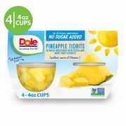 Dole Fruit Bowls No Sugar Added Pineapple Tidbits in 100% Fruit Juice, 4 oz Fruit Bowls, 4 Cups of Fruit